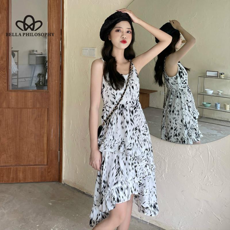 French Style Gentle Floral Print Sling Waist Dress Women's Summer Design Printed Irregular Skirt Ruffled Dress