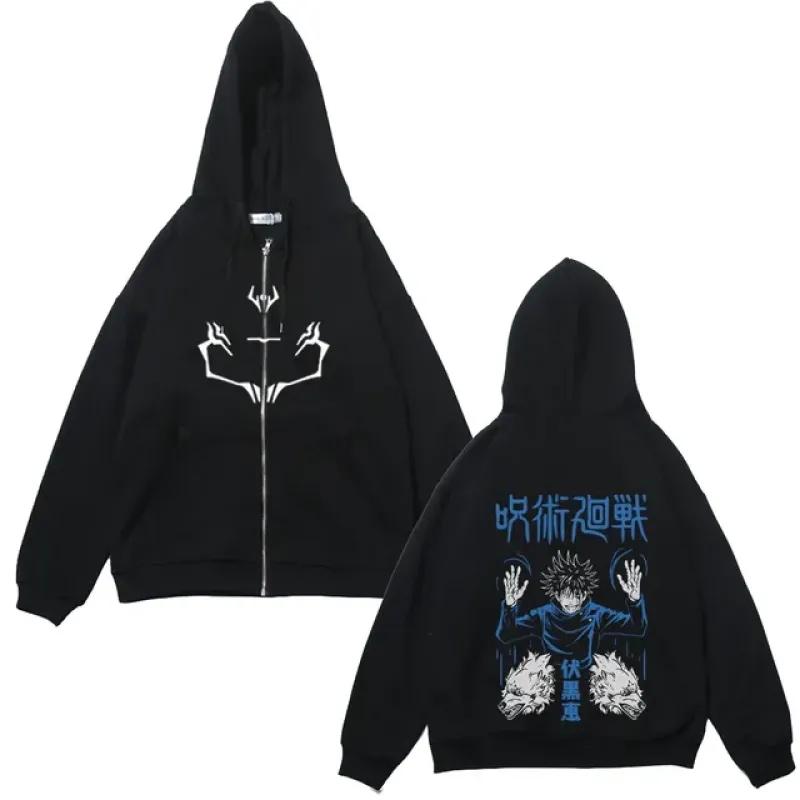 Куртки на молнии в стиле аниме, толстовки с принтом Jujutsu Kaisen, флисовые толстовки с принтом Satoru Gojo, манга, повседневные пальто, уличная одежда, одежда Y2K