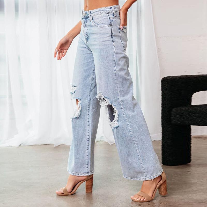 Ripped High Waist Long Wide Leg Washed Casual Women's Jeans
