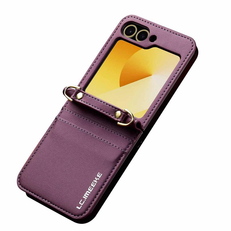 Совместимый с Samsung Z Flip7/6 Чехол-сумка через плечо из кожи, Z Flip5 Чехол-книжка с 3 сложениями для карт.