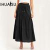 Women's Cotton Linen Halter Long Skirt Solid Colour High Waisted Elastic A-Line Large Swing Pleated Skirt