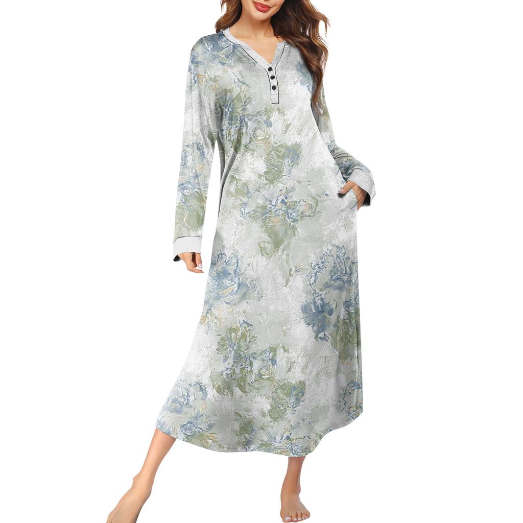 Женская ночная сорочка длинная домашняя одежда с V-образным вырезом и карманами