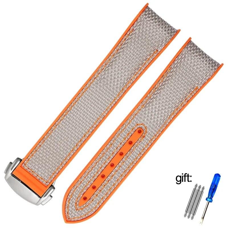 20mm 22mm Rubber Nylon Silicone Watch Band For Omega GMT Planet Ocean Seamaster Diver 300 Curved End Orange Watch Strap