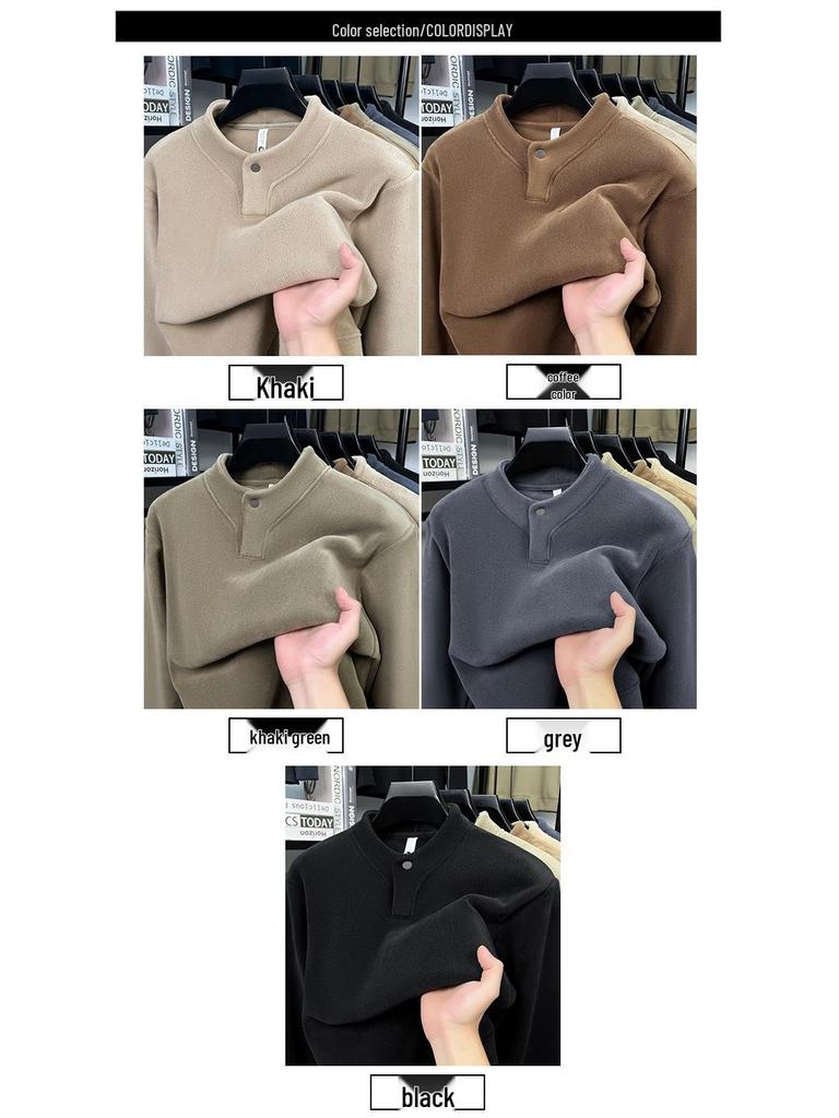 Мужская двусторонняя толстовка из кораллового флиса с воротником-henley - Утепленная, с подкладкой из бархата, теплая повседневная одежда для осени/зимы, базовый слой.