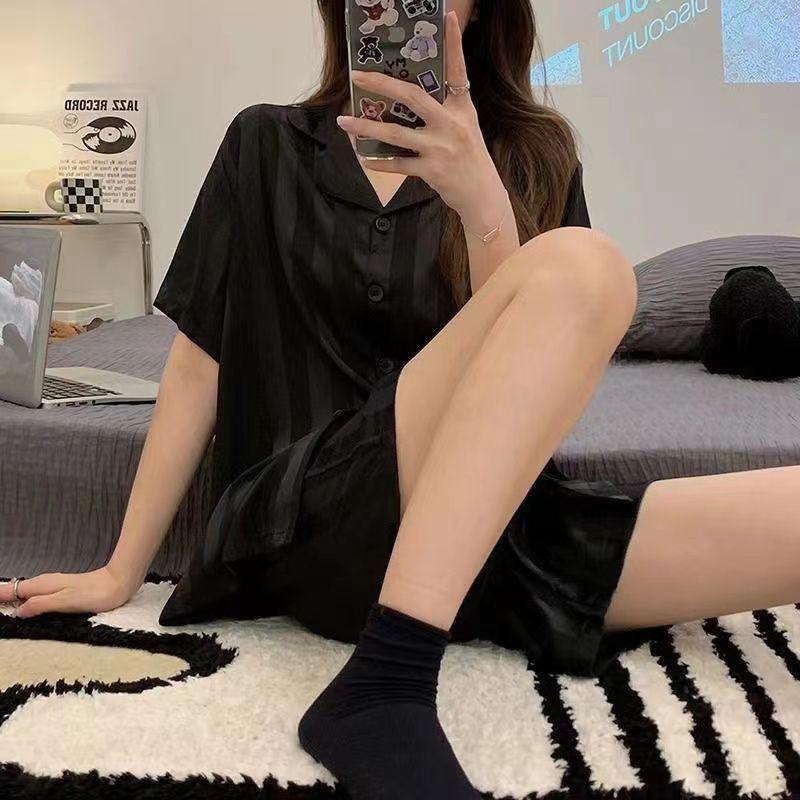 Женская пижама из ледяного шелка, летняя свободная и роскошная тонкая домашняя одежда с короткими рукавами