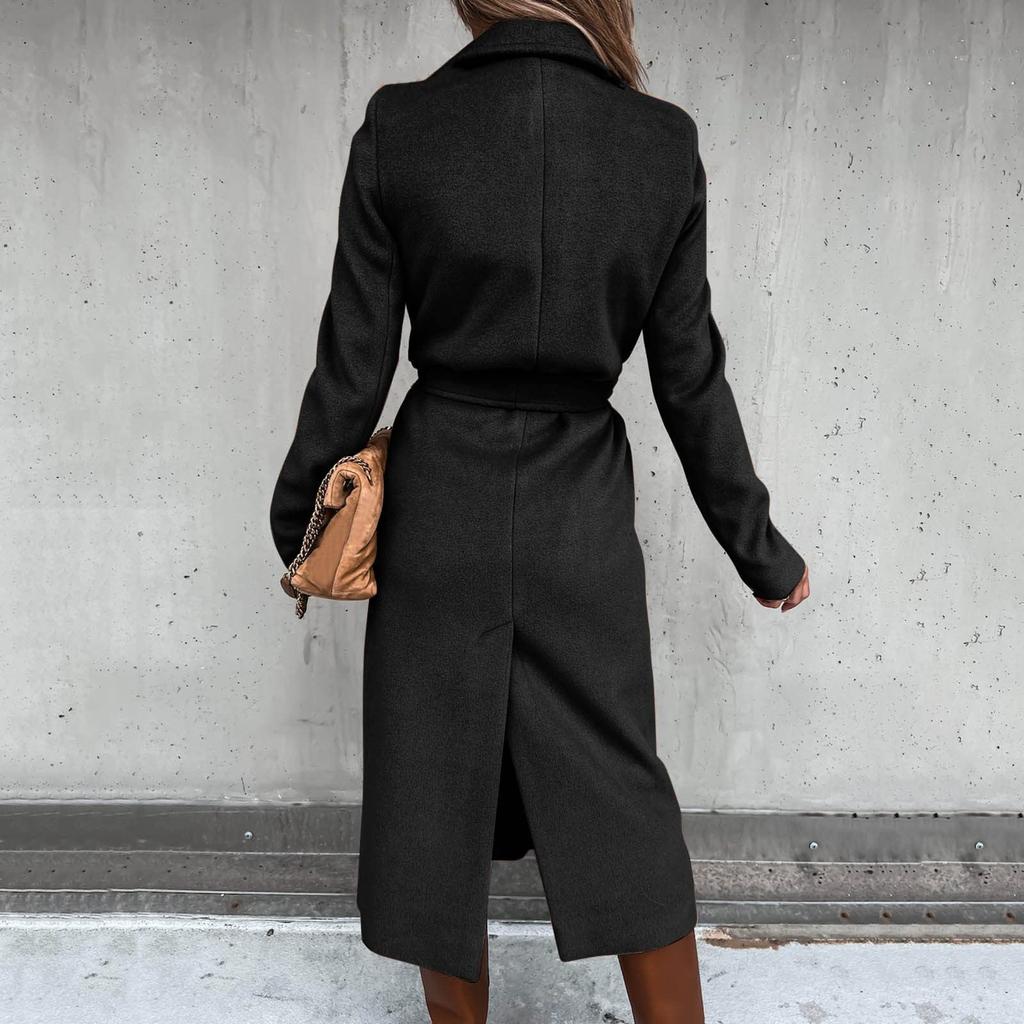 Женское зимнее шерстяное пальто, элегантный плащ с лацканами, однотонная длинная куртка, длинное пальто с рабочим галстуком