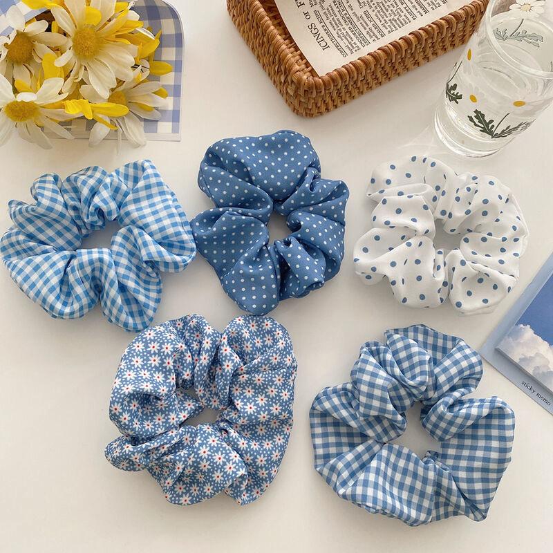 Korea Women Hair Scrunchie Blue Plaid Dot Elastic Hair Bands Stretchy Hair Ties Summer Ponytail Holder Girls Hair Accessories