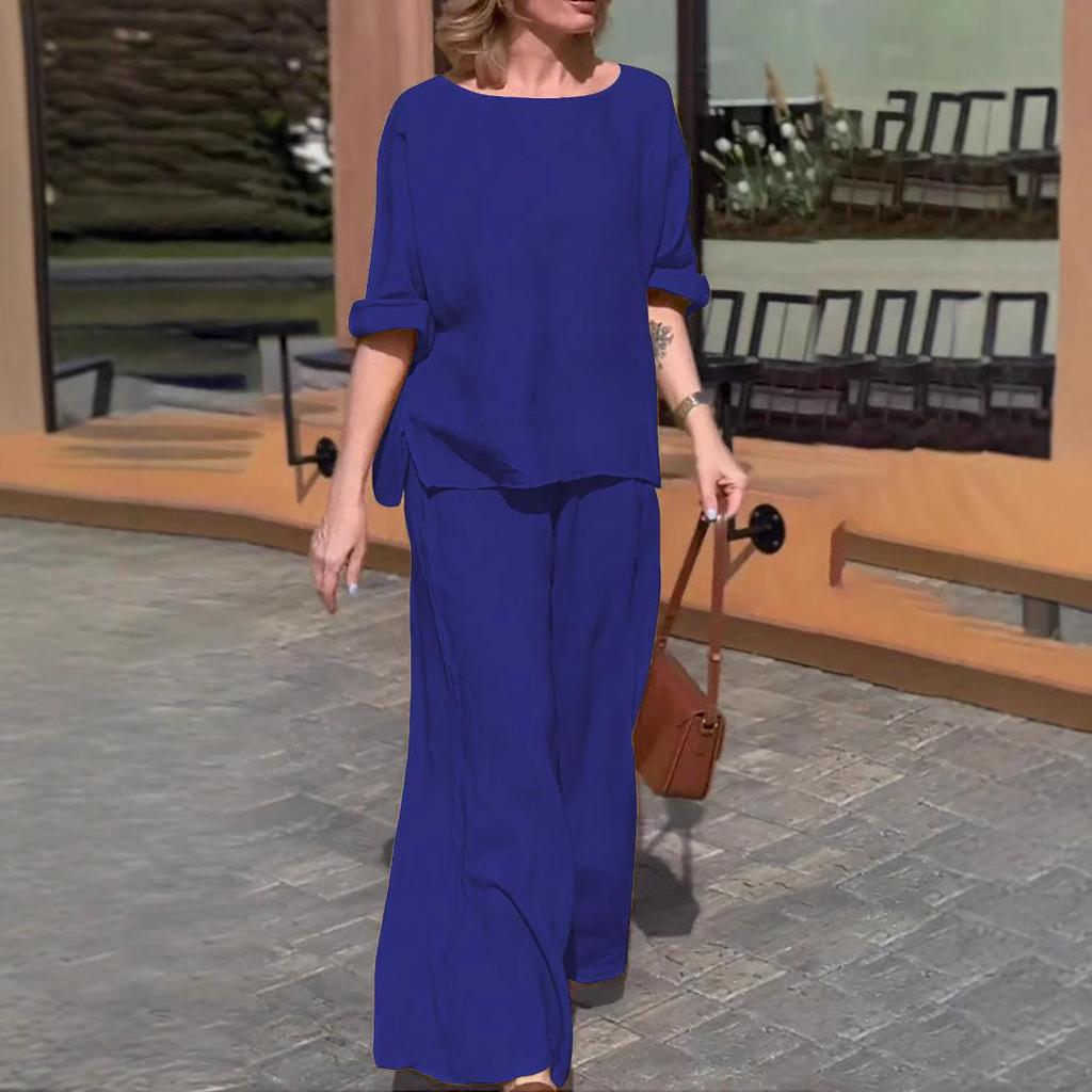 2024 Women's Summer Cotton & Linen Solid Color Casual Suit with Loose Trousers
