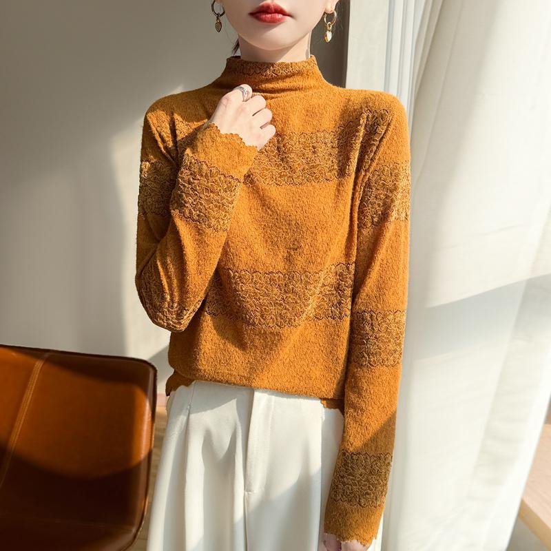 Women's Chic High-Neck Lace Trim Jacquard Knit Sweater