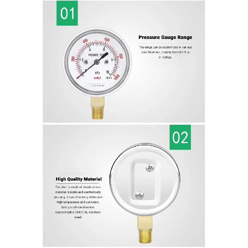 Diaphragm Pressure Gauge 10KPa Gas Meter Natural Barometer Overpressure Protection Type Micro Pressure Gauge KPa Vacuum Meter