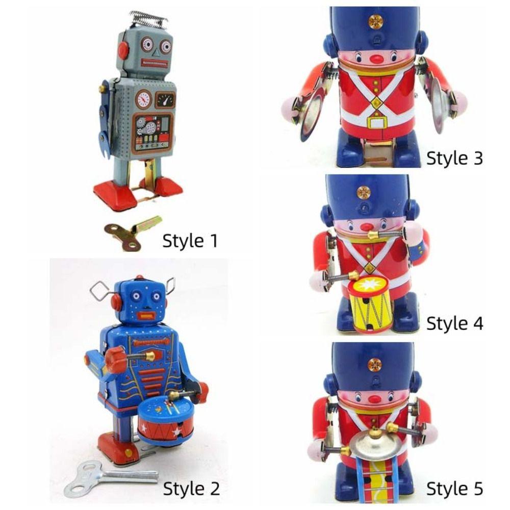 Drumming Robot Clockwork Walking Toy Iron Metal Vintage Mechanical Clockwork  Collection