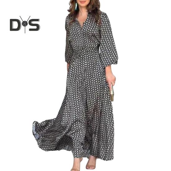 Женское летнее макси-платье с V-образным вырезом и длинным рукавом, струящееся платье А-силуэта, повседневный длинный пляжный сарафан для повседневных вечеринок в отпуске