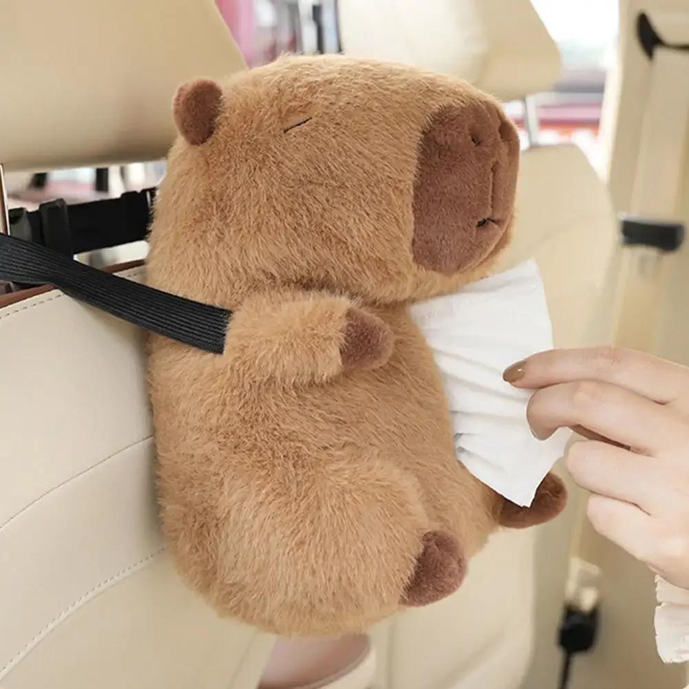 Милая плюшевая коробка для салфеток в виде капибары - мультяшная бумажный пакет на спинку сиденья автомобиля Креативные и мягкие плюшевые игрушечные аксессуары для салона автомобиля