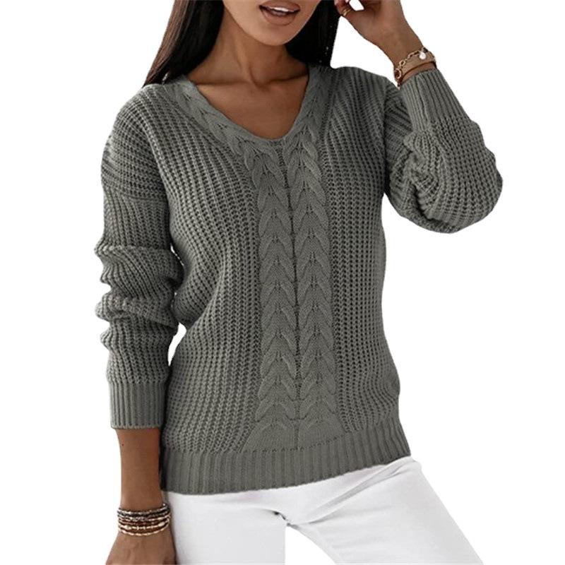 Women's Long Sleeved V Neck Solid Colour Cable Knit Casual Pullover Luxurious Relaxed-fit Slimming and Versatile Top