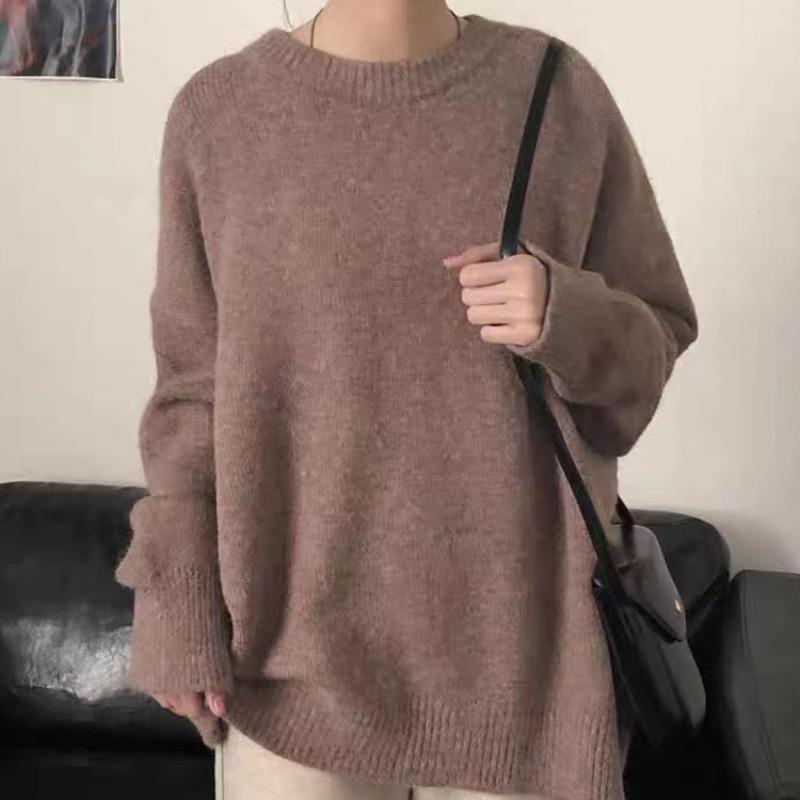 Круглый вырез свитера пуловер для женщин свободный повседневный длинный рукав однотонный простой вязаный свитер для женщин