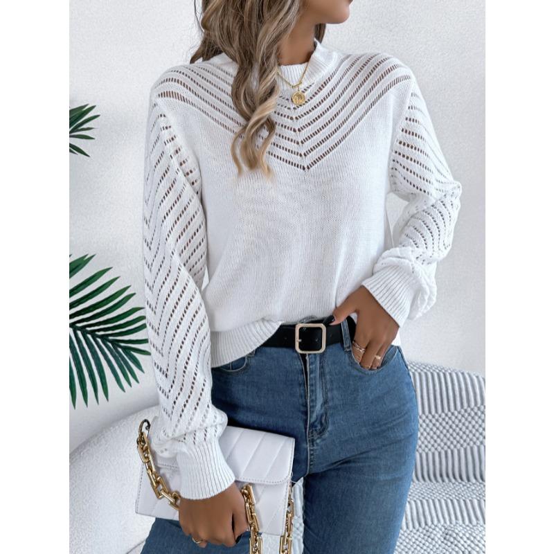 Elegant Round Neck Hollow Out Long Sleeve Pullover Sweater Women 2025 Fashion Sweet Autumn and Winter Casual Knitted Tops Solid Color Office Clothing