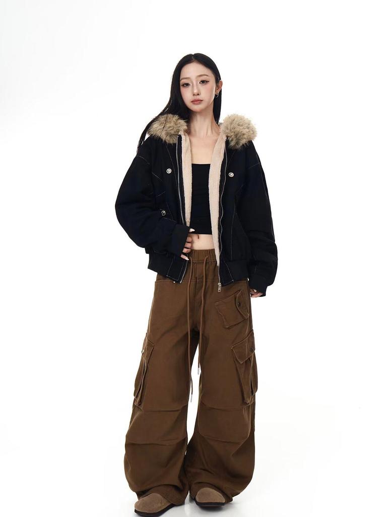 Унисекс ретро хлопковая куртка с капюшоном, пэчворк, меховой воротник – Зимний дизайн, короткая верхняя одежда с флисовой подкладкой.