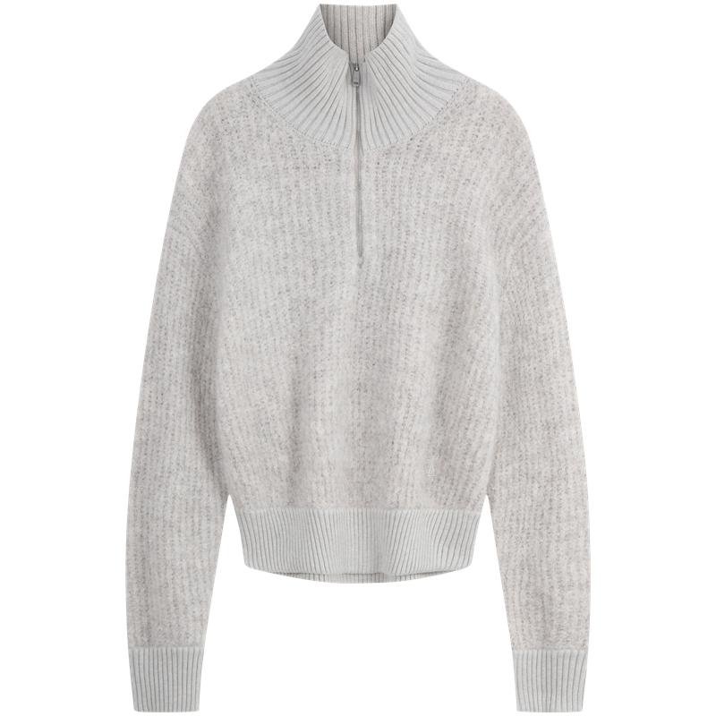 Calvin Klein Wool Blend Embroidered Half Zip Knit Sweater Women Sweater Pearl-Gray J224565