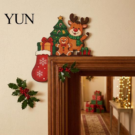 Wooden Holiday Door Frame Sign Christmas Topper Stickers, Seasonal Decoration, L-shaped Corner Tree Decor for Home Decor, Festive Wall Art Ornament