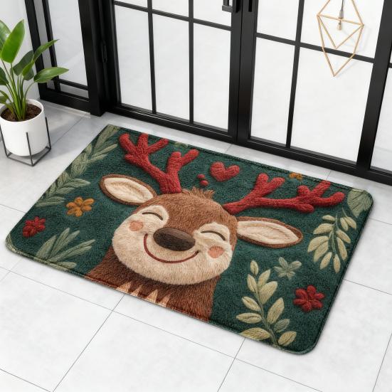 Коврик на пол из искусственного меха, мультяшный рисунок оленя и собаки, рождественская тематика, нескользящий коврик, декор для гостиной, спальни, кухни
