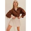 Women's Brown Concealed Pleat Balloon Sleeve Basic Poplin Shirt