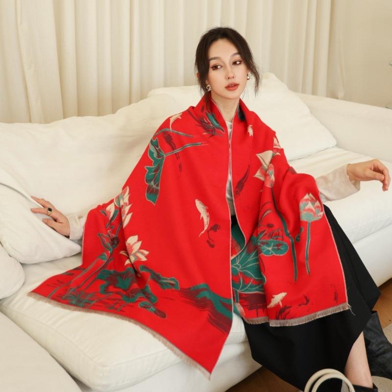 Imitation Cashmere Ink Painting Lotus Scarf Women's New Warm Simple Autumn and Winter Double-sided Thickened Scarf