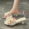 Fashion Ladies Shoes 2025 Open Toe Women's Slippers Fashion Dress Slippers Women Square Toe Crystal Bow Tie Thin Heels Women's Sandals