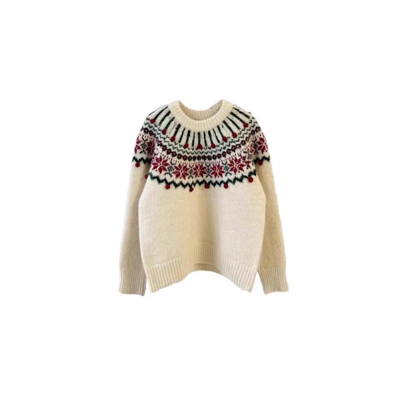 Jacquard Christmas New Red Fair Island Sweater Women's Autumn and Winter New Retro Pullover Soft Waxy Knitted Top