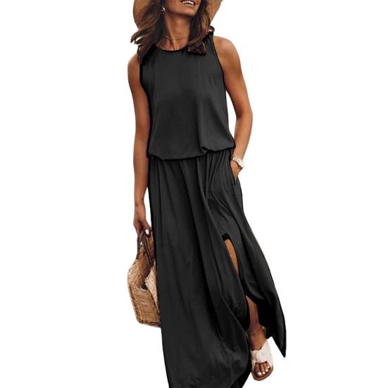 Женское платье-жилет без рукавов с боковыми разрезами и круглым вырезом, плиссированное макси-платье с карманами, однотонное свободное платье для свиданий, повседневных путешествий