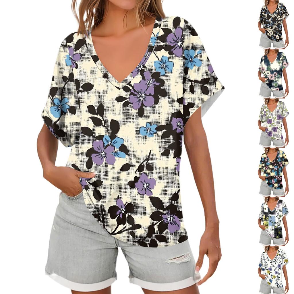 Womens Short Sleeve V-Neck Shirts Floral Print Loose Casual Basic Tees Summer Tops