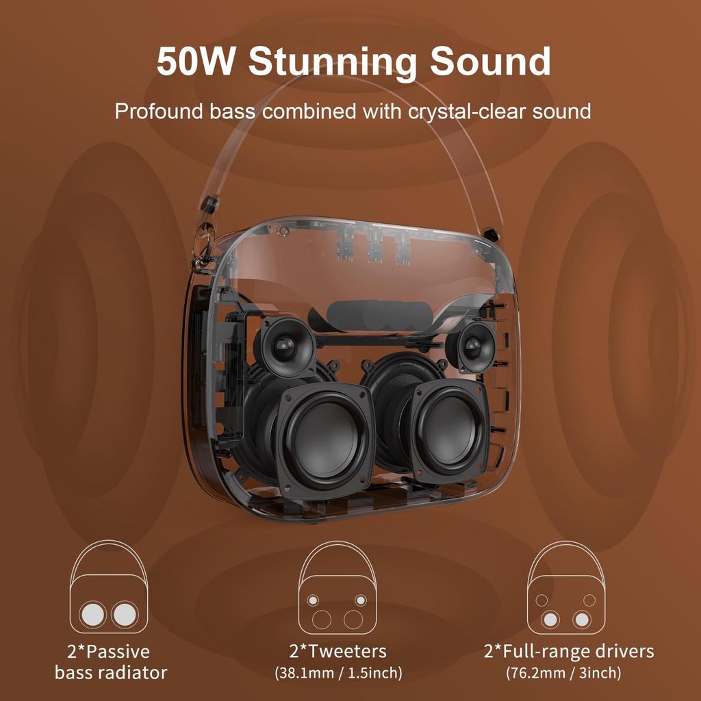 Bluetooth-колонка DOSS SoundBox H100, 50 Вт, высокая громкость, технология Dual DSP, 24 часа воспроизведения, беспроводное Bluetooth-подключение, совместимость с картой памяти