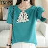 INDFS Women's Fashion Casual Summer Spring Solid Color Print Short Sleeve O-Neck Blouses & Shirts