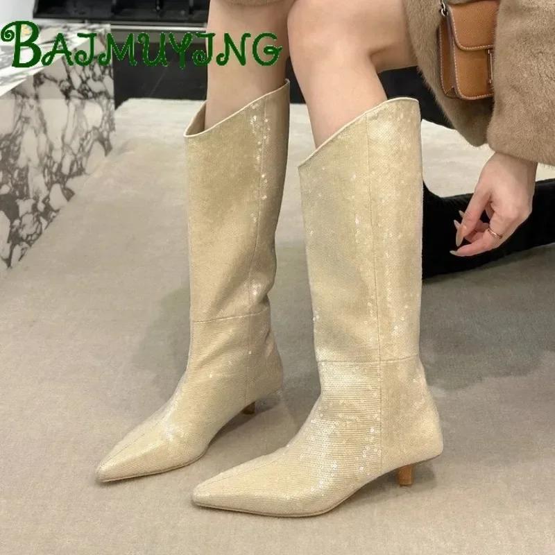 Блестящие туфли на низком каблуке женские роскошные высокие сапоги с острым носком платье сексуальные туфли-лодочки 2025 тренд зимние снежные ботинки женские готические вечерние туфли-лодочки