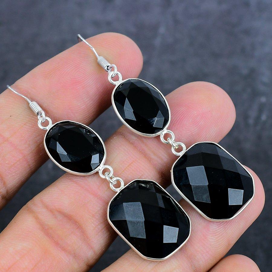 Natural Black Spinel Gemstone 925 Sterling Silver Jewelry Earring 2.44" C3v05