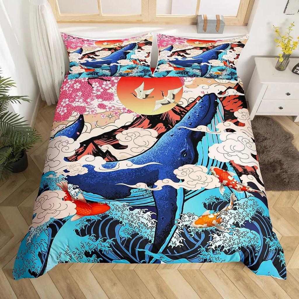 Japanese Wave Duvet Set Three-Piece Set, Japanese Traditional Painting Sea Theme Bedding Set