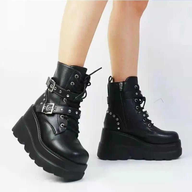 Fashion Chunky Platform Super High Heel Y2K Shoes Women 2025 Winter Gothic Thick Bottom Black Ankle Boots Punk Metal Rivet Buckle Shoes