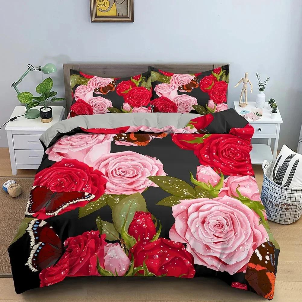 Rose Flower Comfortable Duvet Quilt Cover Pillowcase Bedding Set Children Bedroom Decoration Home Textile