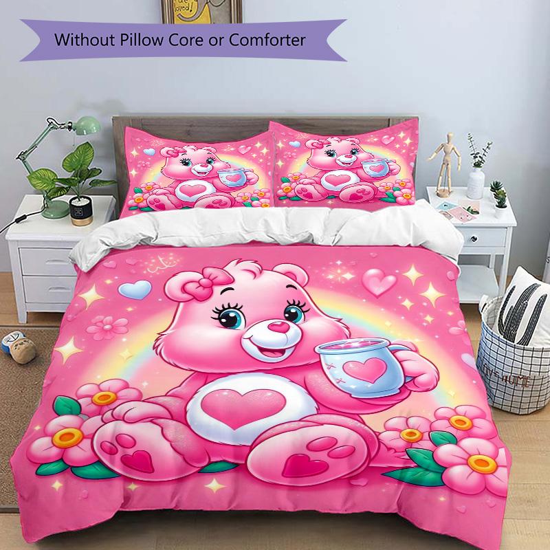 Pink Bear Heart Flowers Print 3Pcs Bedding Setduvet Cover With 2 Bedropillowcase Home Birthday Gift