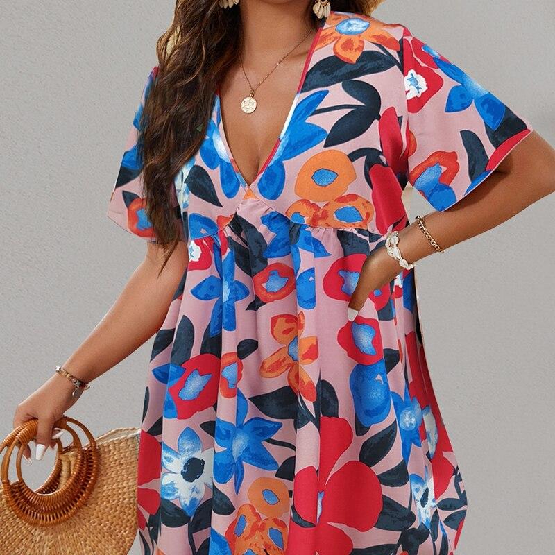Летнее свободное платье с коротким рукавом и v-образным вырезом, милое платье с цветочным принтом, повседневное плиссированное платье больших размеров, женская одежда 28060