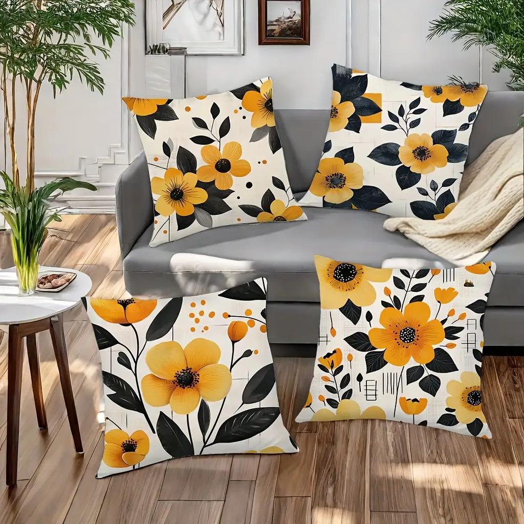 Modern Yellow Black Floral Pillow Covers, Minimalist Flower Art Throw Pillow Cases, Contemporary Home Decor Cushion Covers