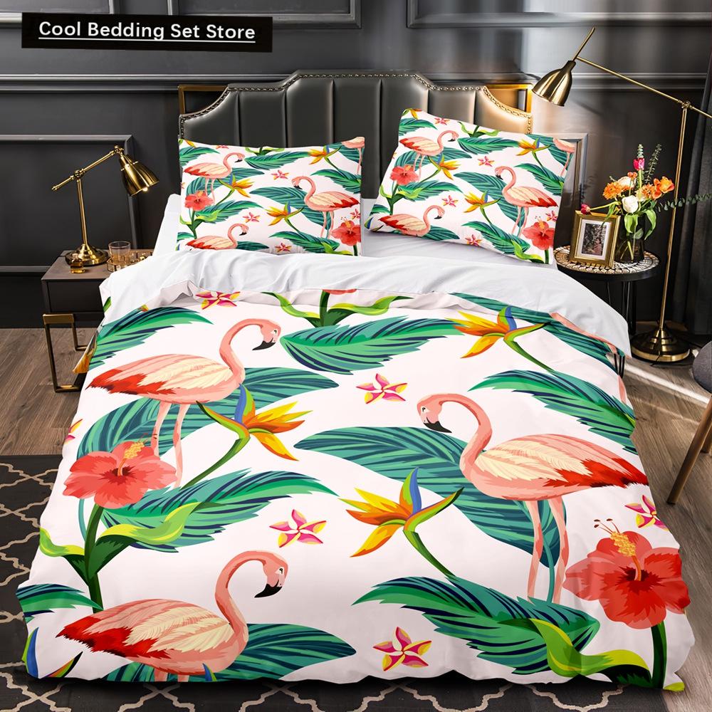 Тропические растения Цветочный пододеяльник King Queen Комплект постельного белья с зелеными пальмовыми листьями Кремовые цветы 2/3 шт. Полиэстеровый пододеяльник