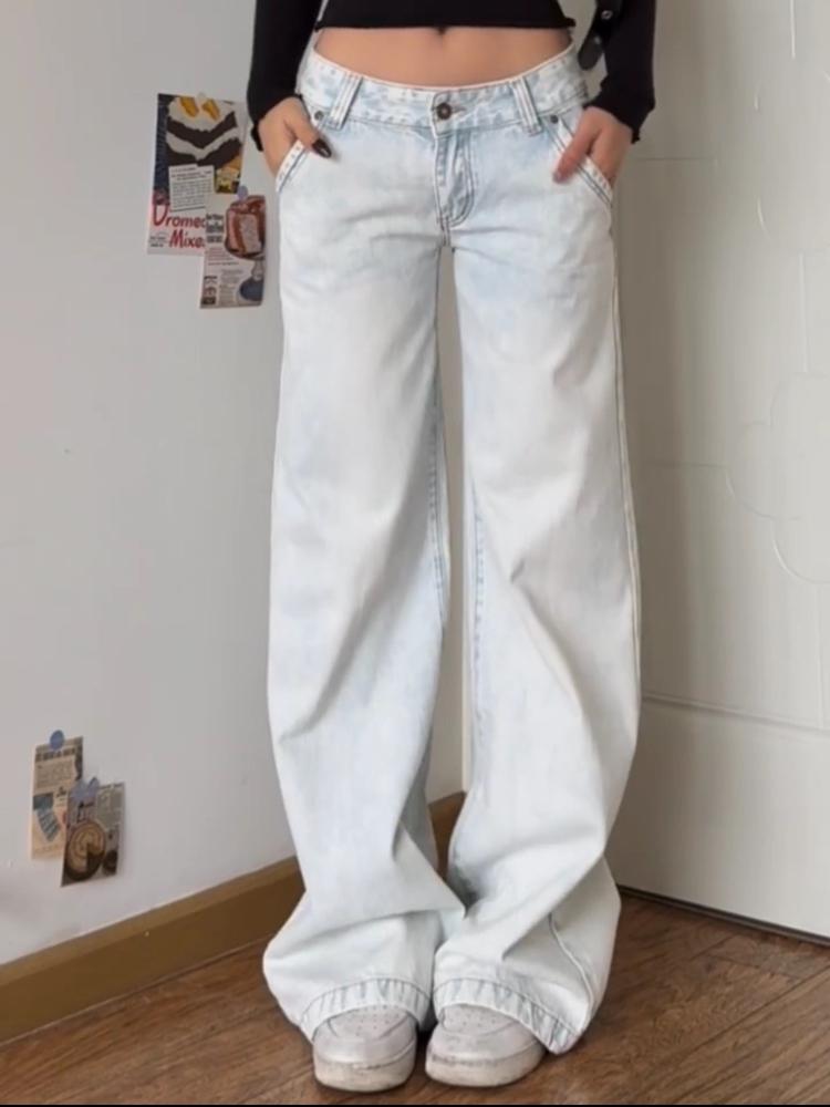 Американские винтажные потертые джинсы High Street, женские, весна-осень, с низкой талией, тонкие, широкие брюки, модный дизайн 2000-х годов, повседневные длинные брюки