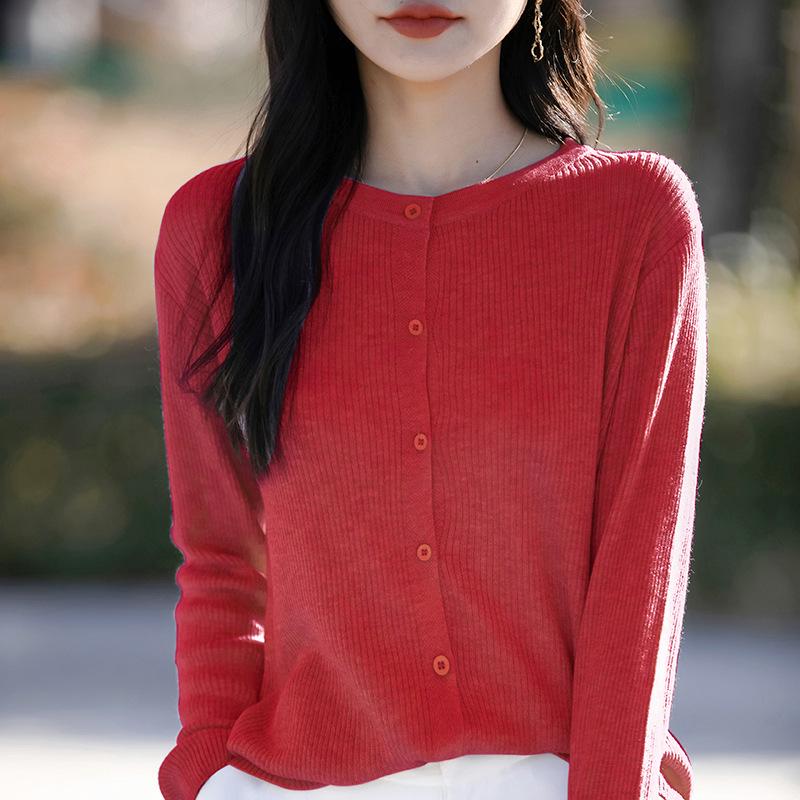 Women's Spring Korean Style Loose Wool Cardigan - Round Neck, Long Sleeve