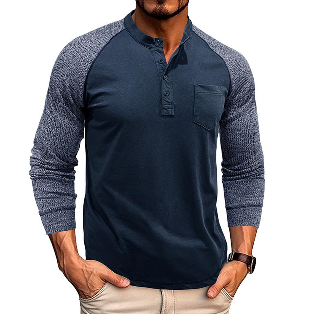 Men's Round Neck Ribbed Long Sleeved Bottoming Shirt Tough Guy Contrast Color Retro Button Men's T-shirt Top