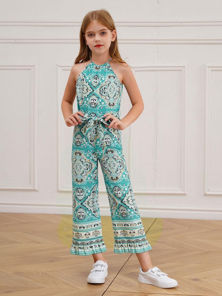 Детский комбинезон без рукавов с цветочным принтом и широкими штанинами для девочек, цельный комбинезон в стиле бохо с поясом, летний сарафан, комбинезон