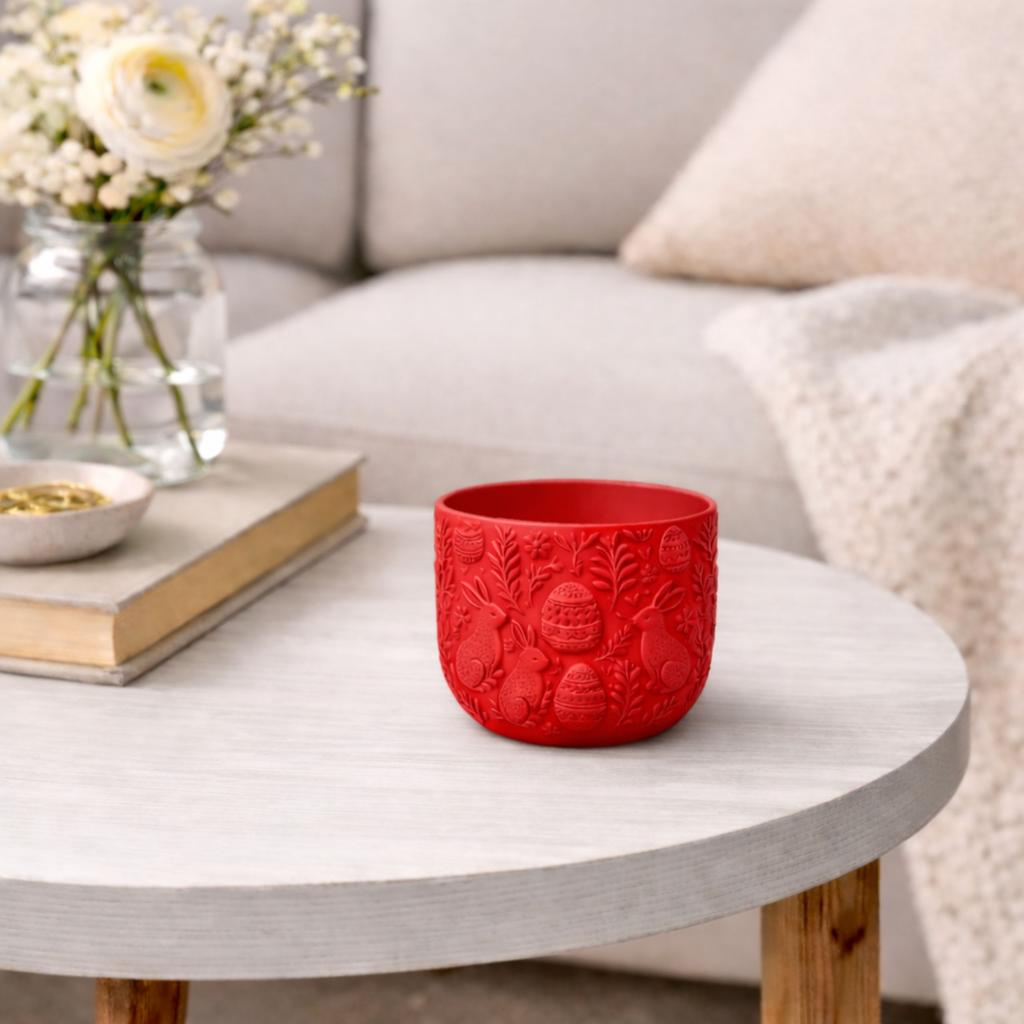 Red Easter flowerpot with rabbits, decorative spring cover