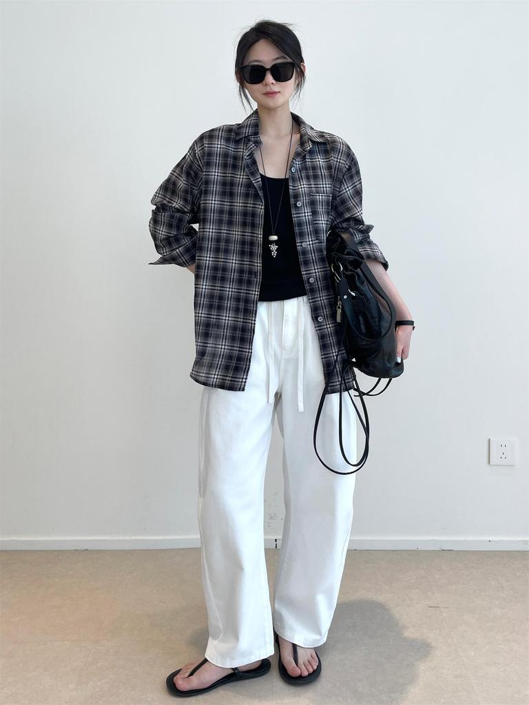 Nan Yu 100% Cotton Plaid Loose Long Sleeve Sun Protection Shirt for Women - Early Autumn 2025 Collection