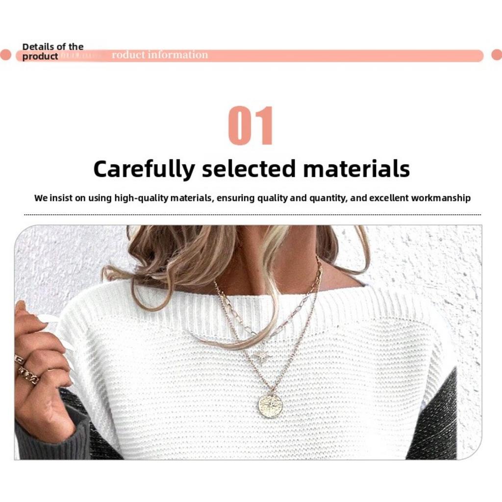 Autumn and Winter Knitted Sweater Women's Contrasting Color Spliced Round Neck Long Sleeved Pullover Top