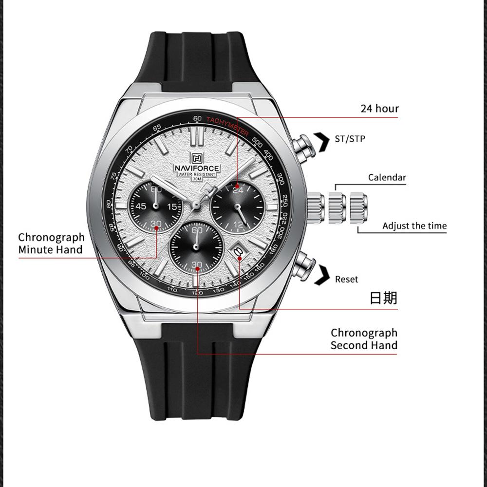 Naviforce Men Watch Calendar Quartz Movement Silicone Strap Stopwatch Chronograph Luminous Hands Waterproof Men Casual Multifunctional Watch NF8080