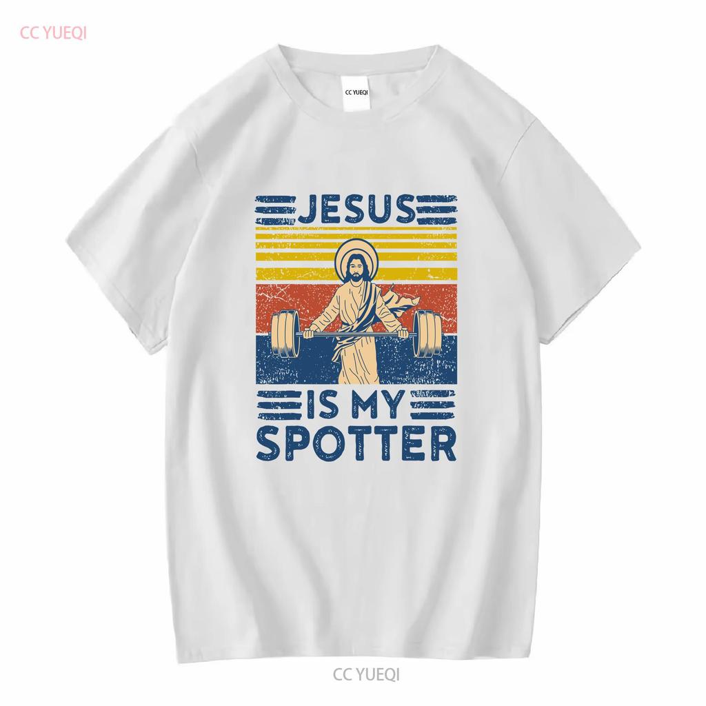 Rare New Funny Gym T Shirt Jesus Is My Spotter Workout vintage Washed fashion Breathable Casual Soft designer clothes